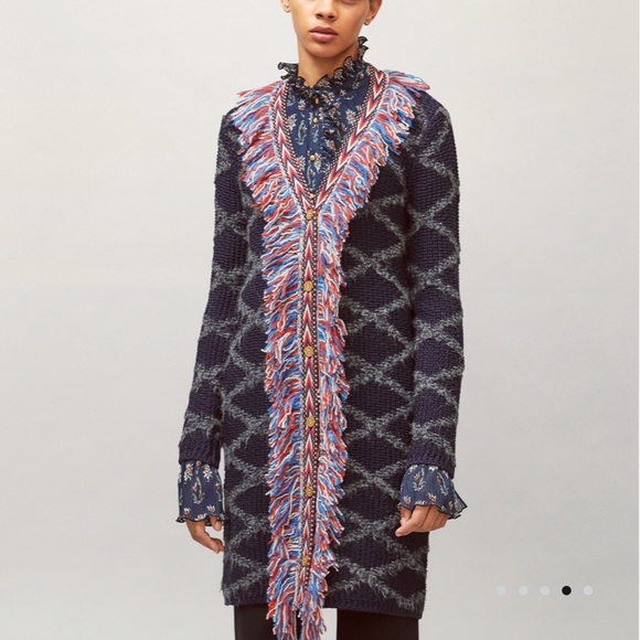 TORY BURCH TWEED TRIM LONG WOOL CARDIGAN WITH ALLOVER FRINGE IN TORY NAVY SIZE S - Picture 2 of 8